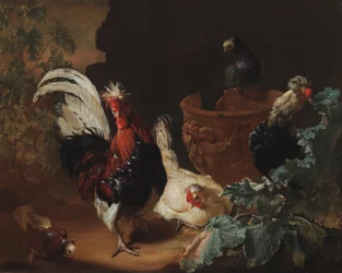 Un gallo, dos gallinas y dos palomas junto a un jarrón de terracota antigua en un paisaje, 1695